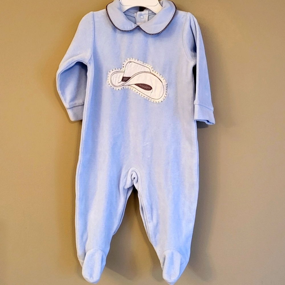 Powder blue velour footed sleeper/footie with cowboy hat detail